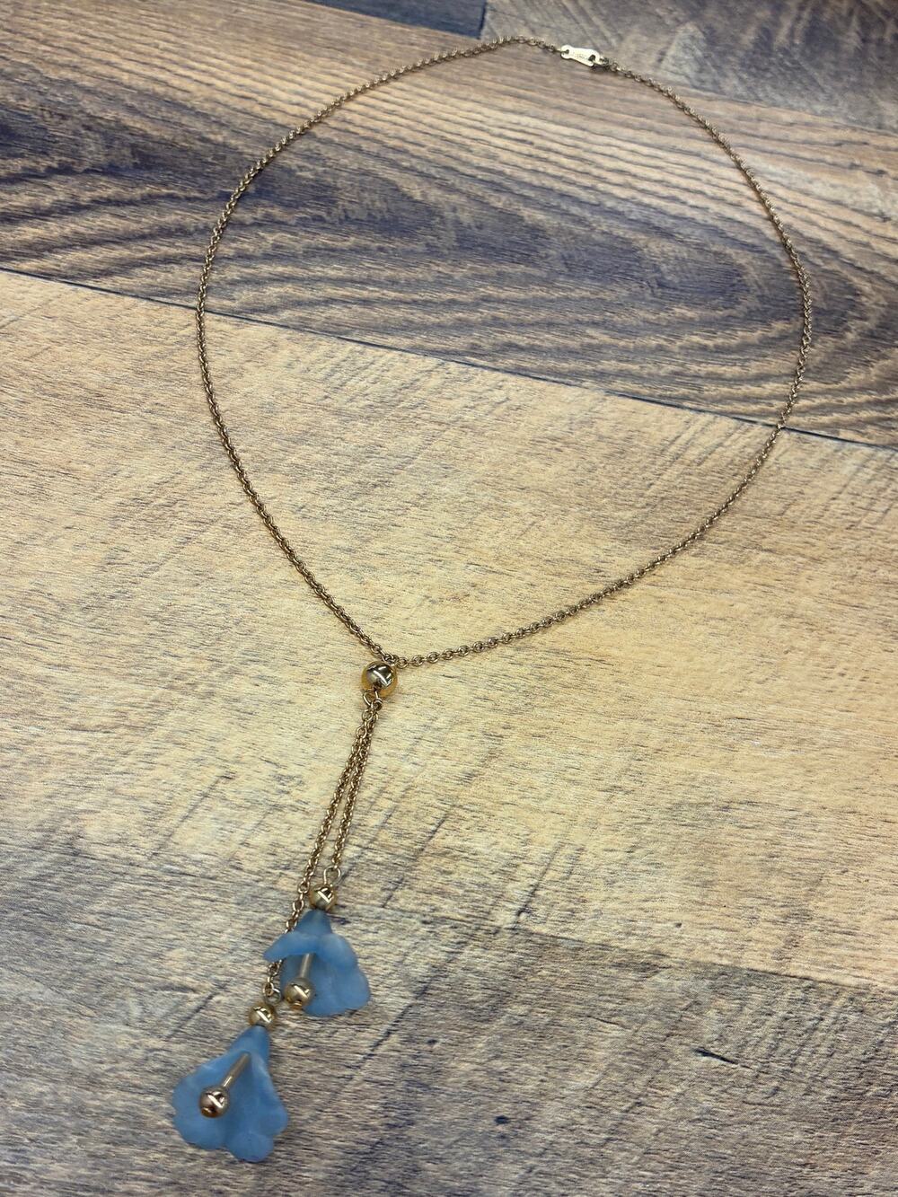 VTG Avon Lariat Gold Tone Necklace Blue Flowers Delicate Feminine Coquette